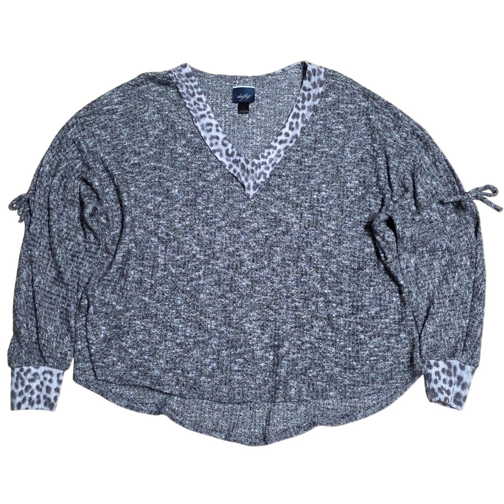 Daytrip Heathered Leopard Trim Sweater Women's Size Small Black Grey‎ V Neck
